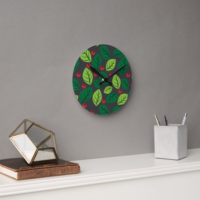 Green Leaves, Red Berries, Pattern Of Leaves Round Clock (Office)