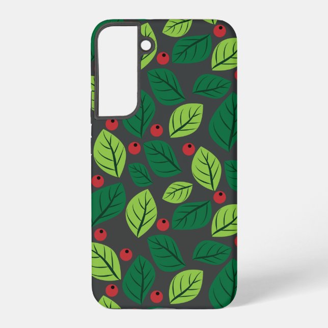 Green Leaves, Red Berries, Pattern Of Leaves Samsung Galaxy S22+ Case (Back)