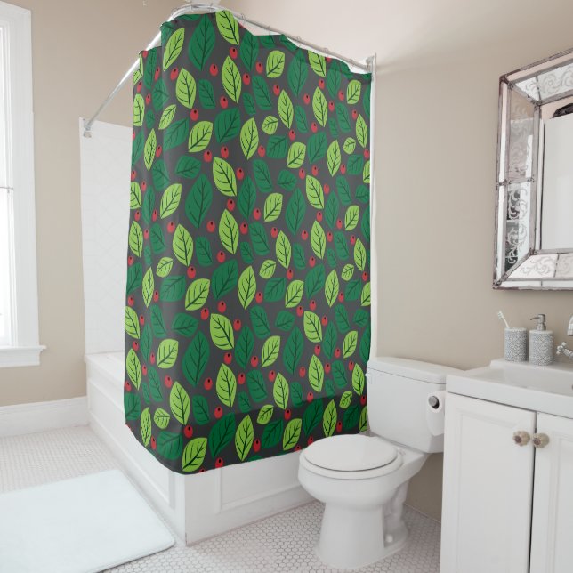 Green Leaves, Red Berries, Pattern Of Leaves Shower Curtain (In Situ)