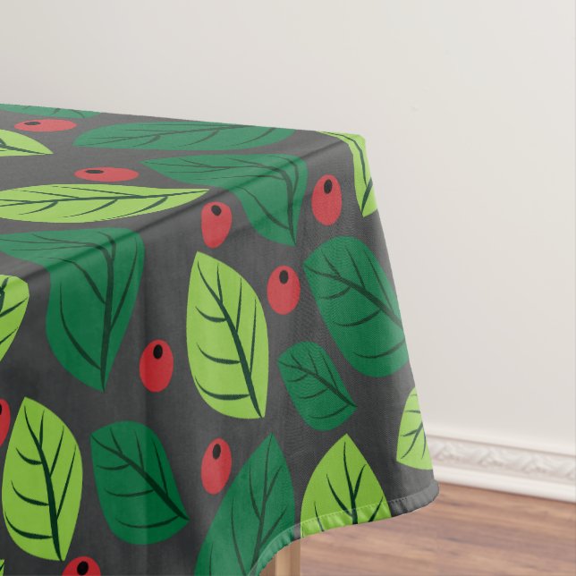 Green Leaves, Red Berries, Pattern Of Leaves Tablecloth (In Situ)