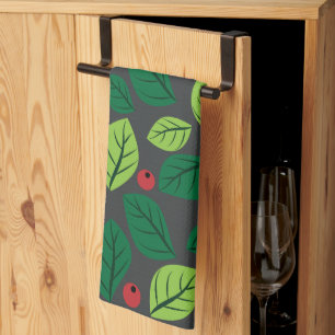 Green Leaves, Red Berries, Pattern Of Leaves Tea Towel