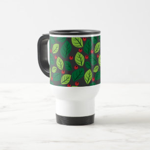 Green Leaves, Red Berries, Pattern Of Leaves Travel Mug