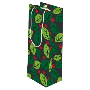 Green Leaves, Red Berries, Pattern Of Leaves Wine Gift Bag