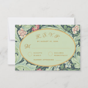 Green Leaves Red Carnations Golden Oval Botanical RSVP Card