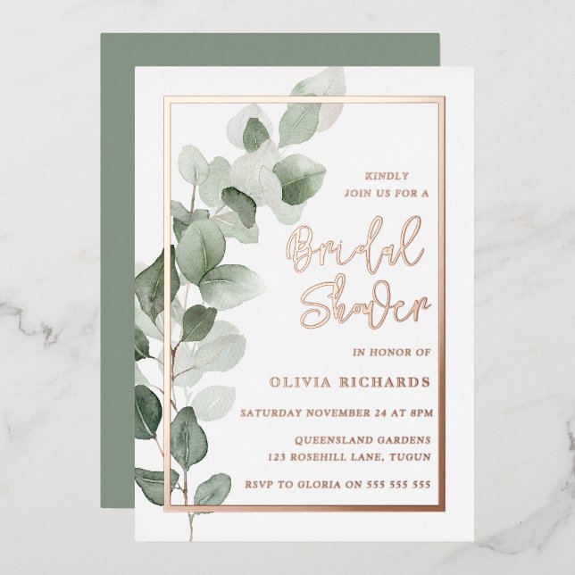 Green Leaves Rose Gold Foil Border Bridal Shower (Front/Back)