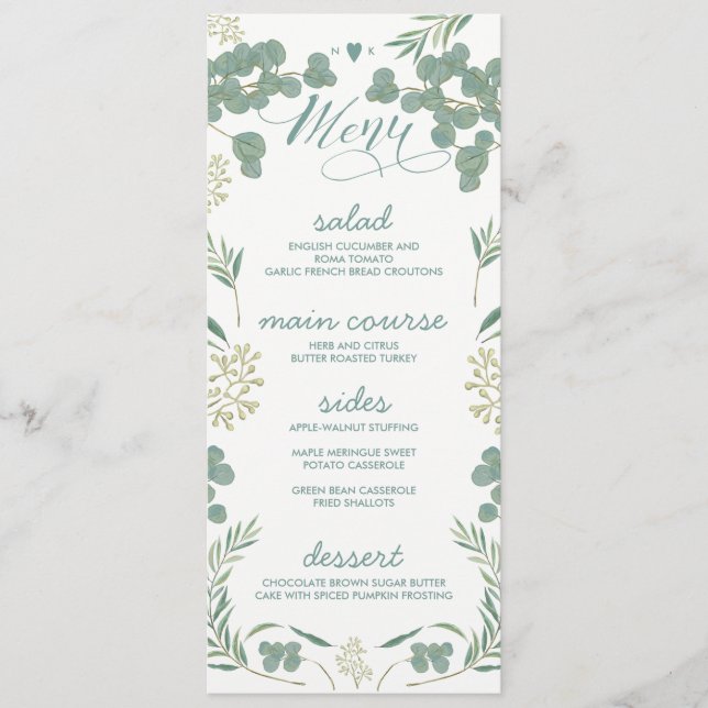 Green Leaves Rustic Wedding Menu Cards (Front)
