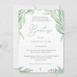 Green Leaves Spanish Bautizo, Greenery Boy Baptism Invitation