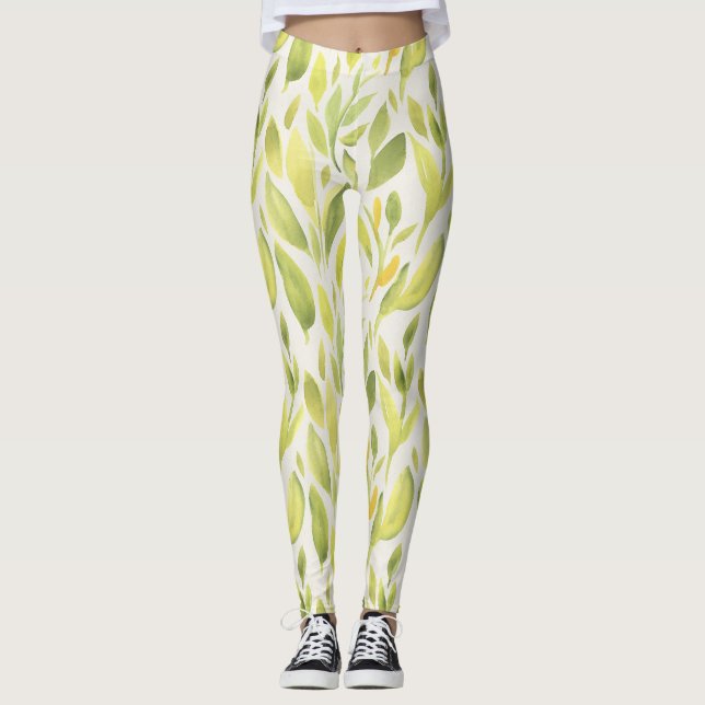 Green Leaves Spring Floral  Design Leggings (Front)