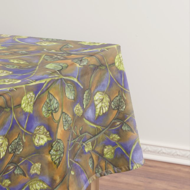 Green Leaves Stems From Raspberry Bush Blue Gold Tablecloth (In Situ)