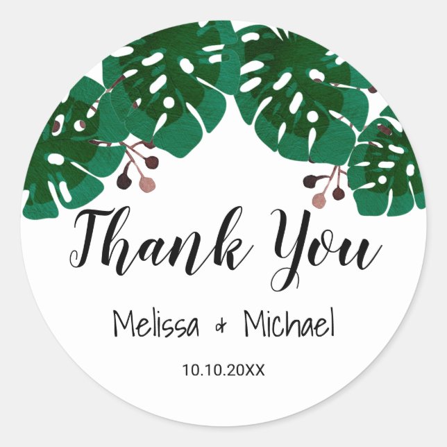 Green Leaves Tropical Wedding Thank You Classic Round Sticker (Front)