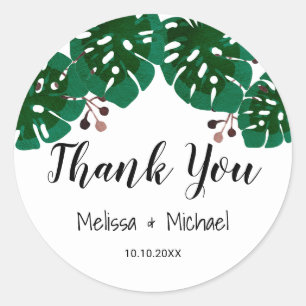 Green Leaves Tropical Wedding Thank You Classic Round Sticker