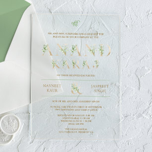 Green Leaves Typography Anand Karaj Sikh Wedding Acrylic Invitations