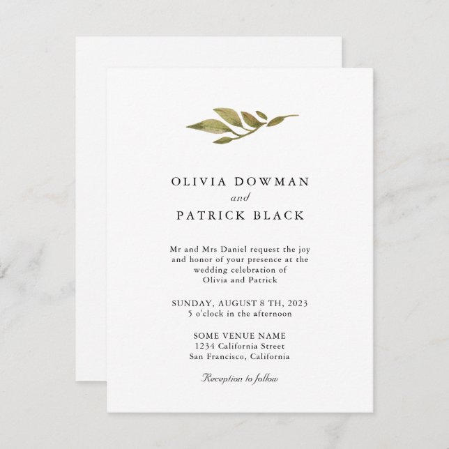 Green leaves typography classic simple Wedding Invitation (Front/Back)