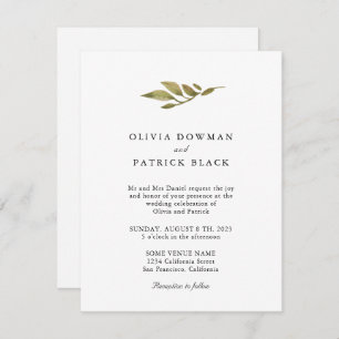 Green leaves typography classic simple Wedding Invitation