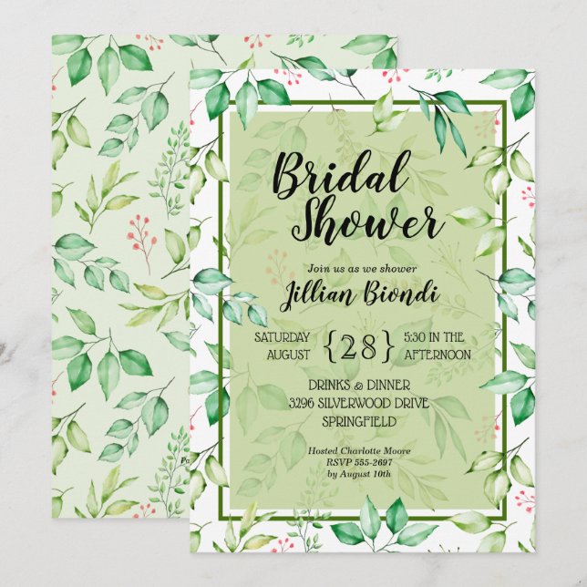 Green Leaves Watercolor Bridal Shower Invitations (Front/Back)