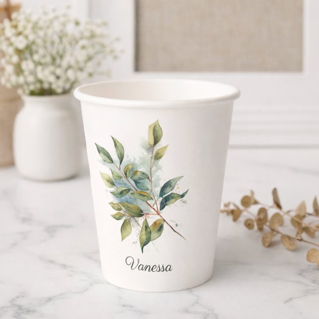 Green leaves watercolor customisable  paper cups (Creator Uploaded)
