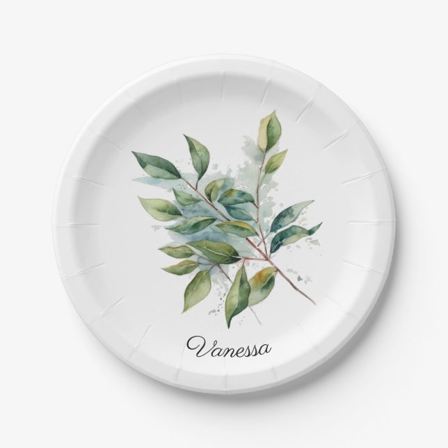 Green leaves watercolor customisable  paper plate (Front)