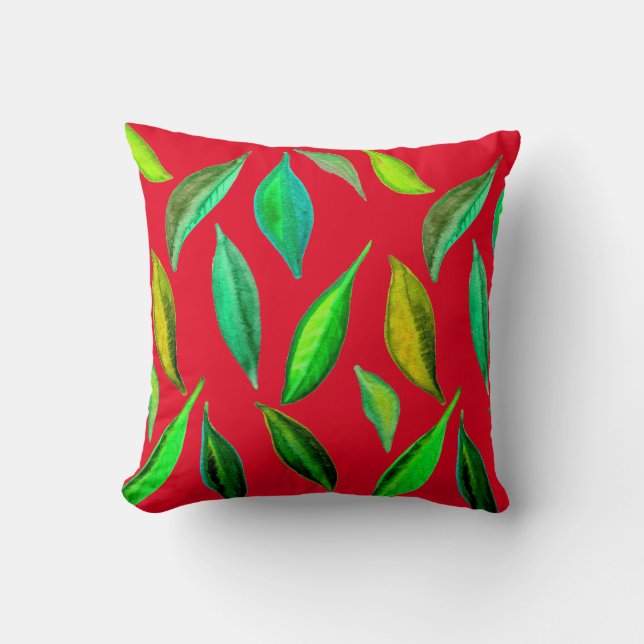Green Leaves watercolor environmental Cushion (Front)
