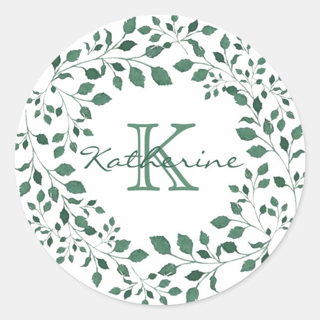 Green Leaves Watercolor Wreath Monogram Classic Round Sticker (Front)