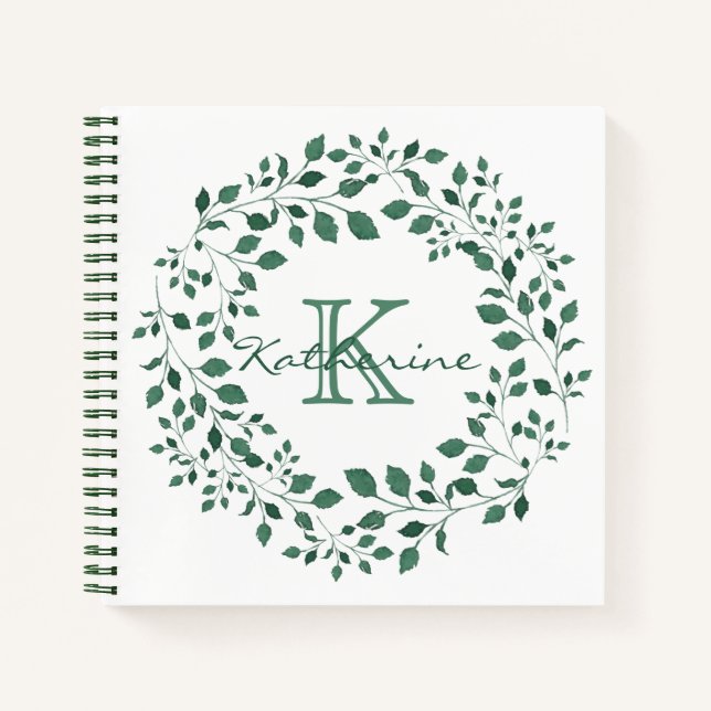 Green leaves watercolor wreath | Monogram Notebook (Front)
