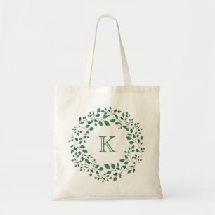 Green Leaves Watercolor Wreath Monogram Tote Bag