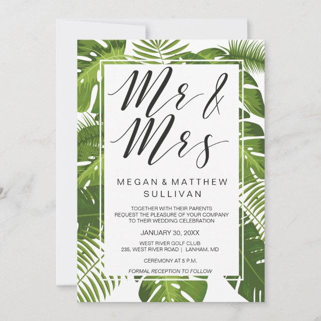 Green leaves wedding invitation card | Mr and Mrs (Front)