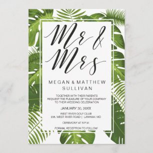 Green leaves wedding invitation card Mr and Mrs