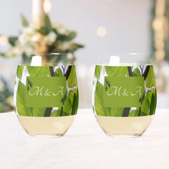Green Leaves Wedding Stemless Wine Glass (Insitu (Wedding))