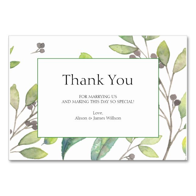 Green leaves wedding thank you card (Front)