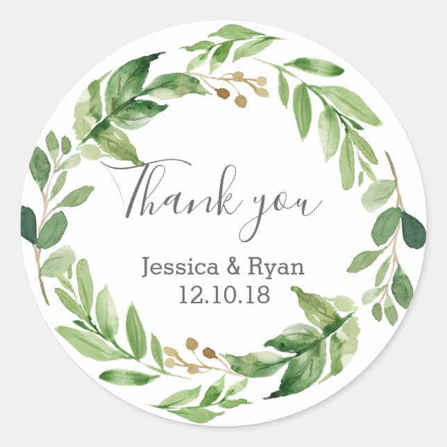 Green leaves wedding Thank you stickers (Front)