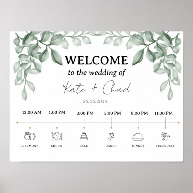 Green Leaves Wedding Welcome & Timeline Poster (Front)