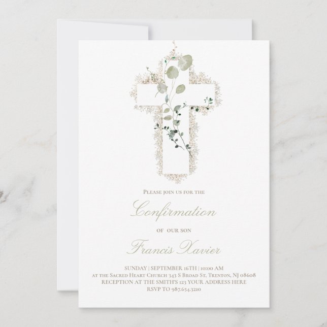 green leaves white cross Confirmation Invitation (Front)
