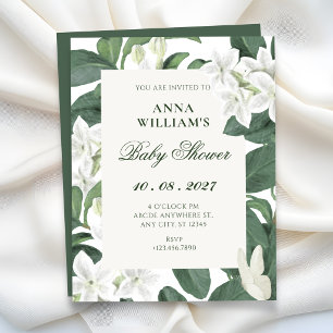 Green leaves white flowers baby shower invitation