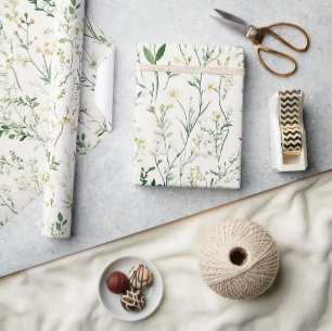 Green Leaves White Flowers Birthday Wrapping Paper