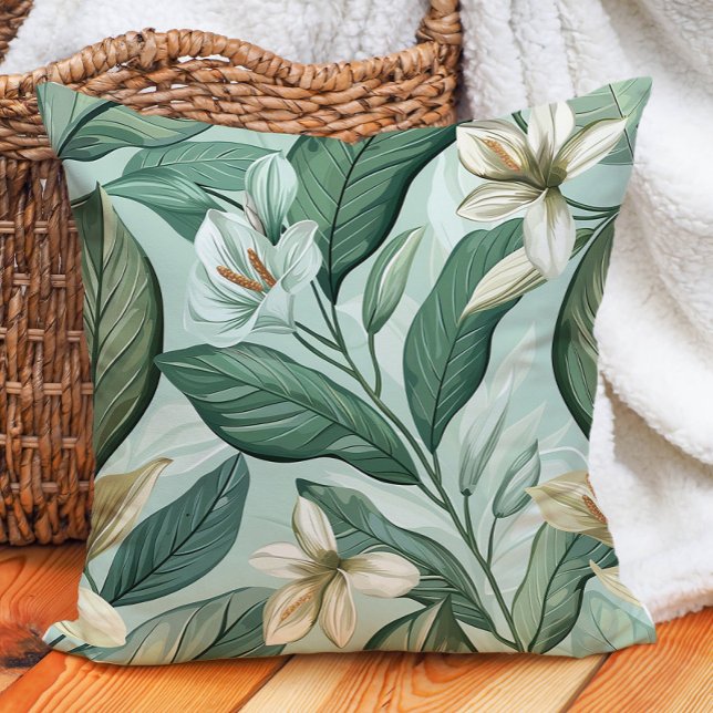 Green Leaves White Lilys Botanical Floral Greenery Cushion (Green Leaves White Lilys Botanical Floral Greenery Throw Pillow)