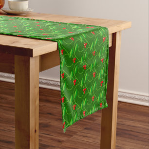 Green Leaves with Little Red Wild Berries on Green Medium Table Runner