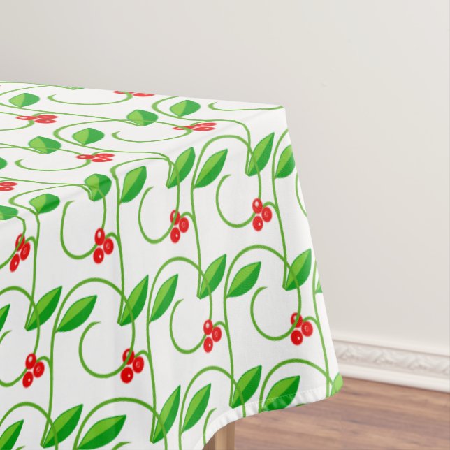 Green Leaves with Little Red Wild Berries on White Tablecloth (In Situ)