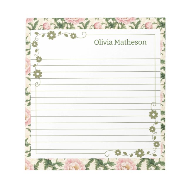 Green Leaves with Pink Floral Borders Notepad (Front)