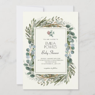 GREEN LEAVES WREATH BABY SHOWER INVITATION