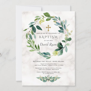 Green Leaves Wreath Cross Marble Boy Baptism Invitation