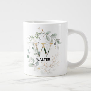 Green Leaves Wreath Monogram Initial W Letter Large Coffee Mug