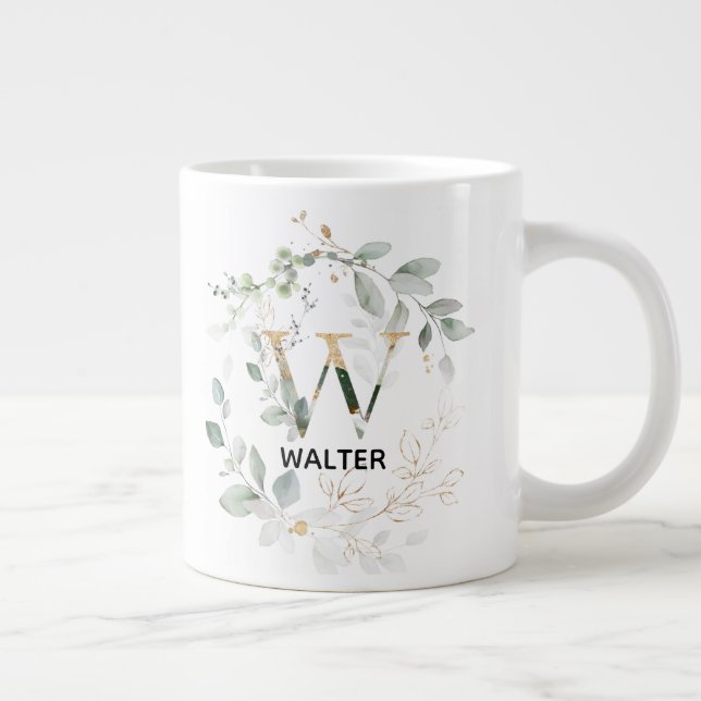 Green Leaves Wreath Monogram Initial W Letter Large Coffee Mug (Right)