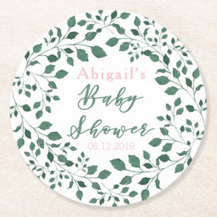 Green Leaves Wreath Personalised Baby Shower Round Paper Coaster