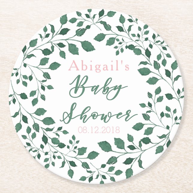Green Leaves Wreath | Personalised Baby Shower Round Paper Coaster (Front)