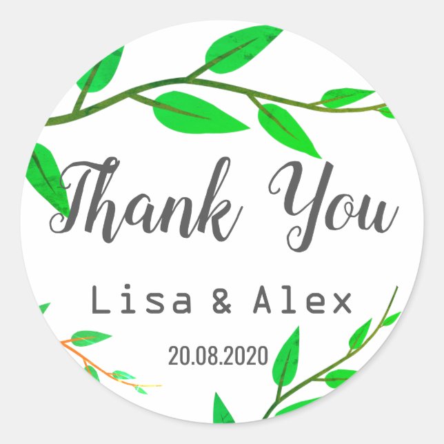 Green Leaves Your Text Thank You Wedding Sticker (Front)