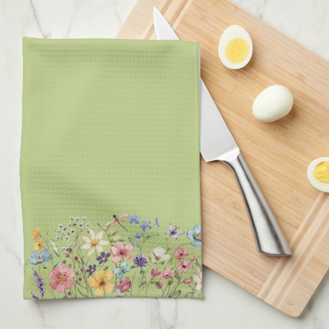 Green lemon wildflower dragonfly and butterfly  tea towel (Quarter Fold)