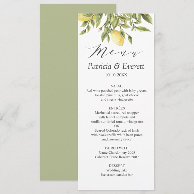 Green | Lemons and Leaves Boho chic Wedding Invitation (Front/Back)