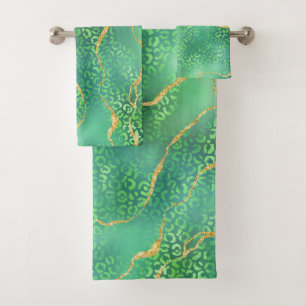Green Leopard Agate Gold Glitter Design Bath Towel Set