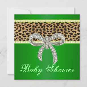Green Leopard Diamond Bow Baby Shower Invitation