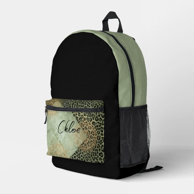 Green leopard, grunge pattern printed backpack (Back Corner Right)
